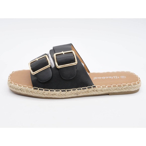 Weeboo Sandals Womens 6.5 Black Faux Leather Flat Espadrille Slides Adjustable - Picture 2 of 10